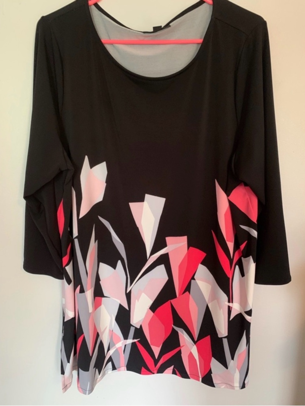 Alfani Black Tunic with Pink, Coral and White Geometric Floral Print